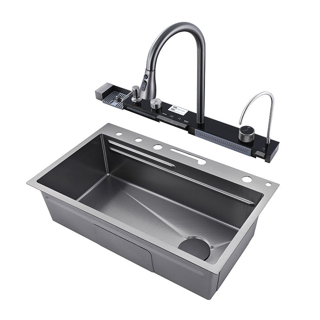 WS7546C Modern Multifunctional Handmade Sinks with Faucet Smart Button Control Waterfall with Cup Washer Decor 304 Material Nano PVD Surface Treatment