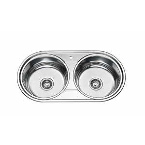 Kitchen Stainless Steel Double Round Bowl Sink with Drainboard Basin