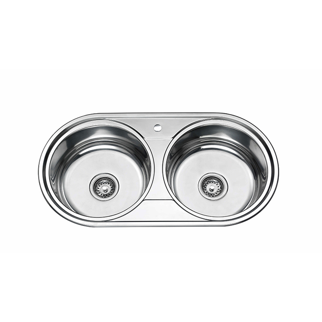 Kitchen Stainless Steel Double Round Bowl Sink with Drainboard Basin